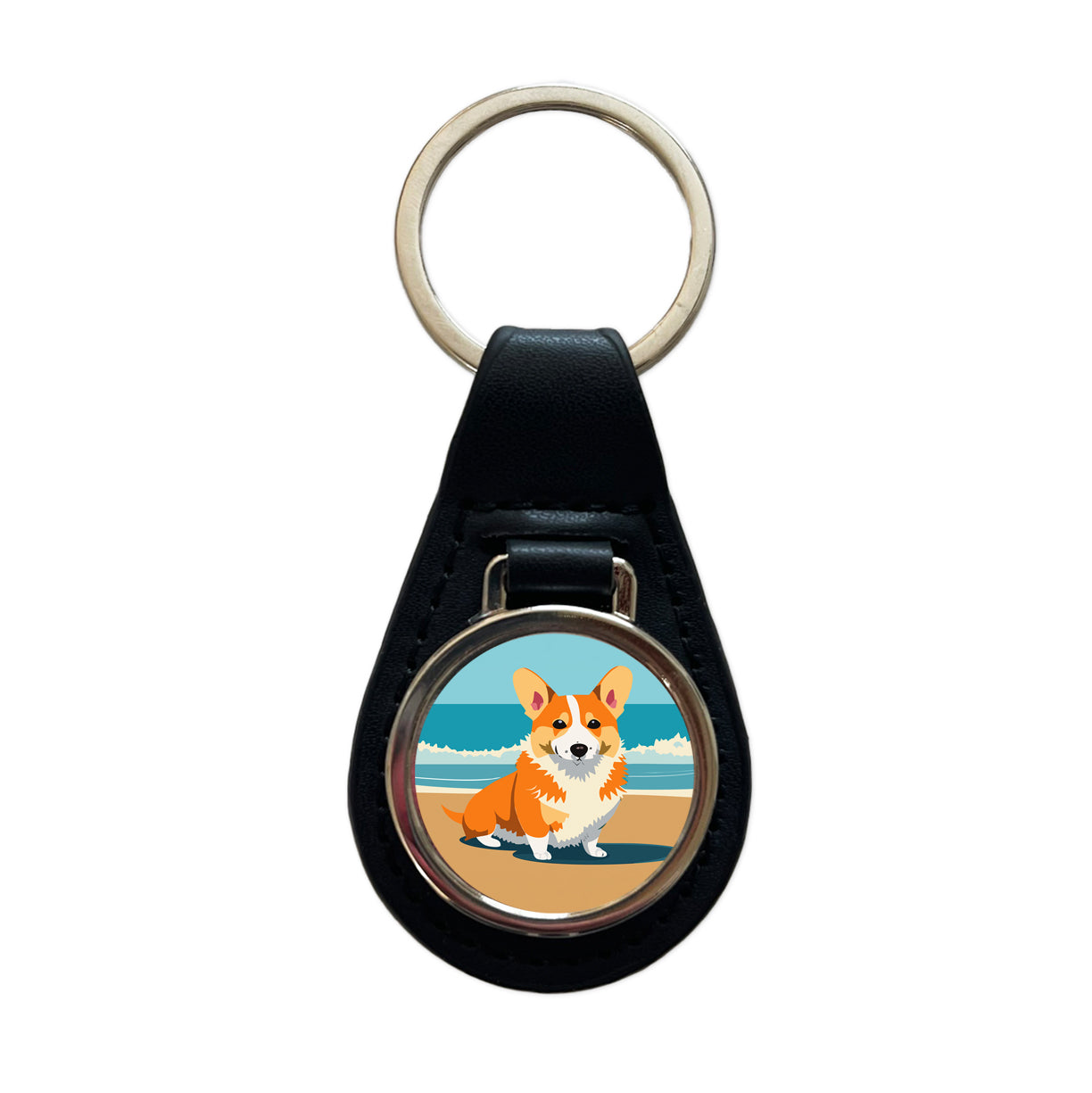 Corgi Dog on the Beach Ocean Black Leather Metal Keychain