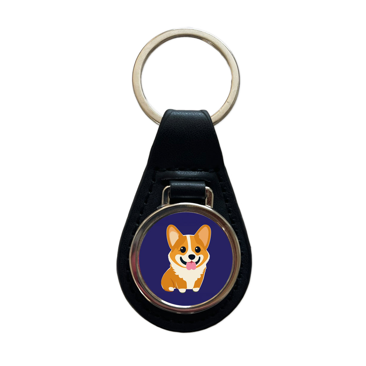 Corgi Dog Sweet Black Leather Metal Keychain