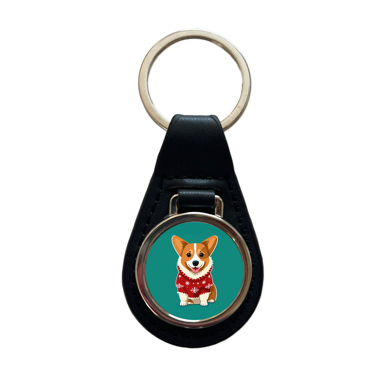 Corgi Wearing Christmas Sweater Black Leather Metal Keychain