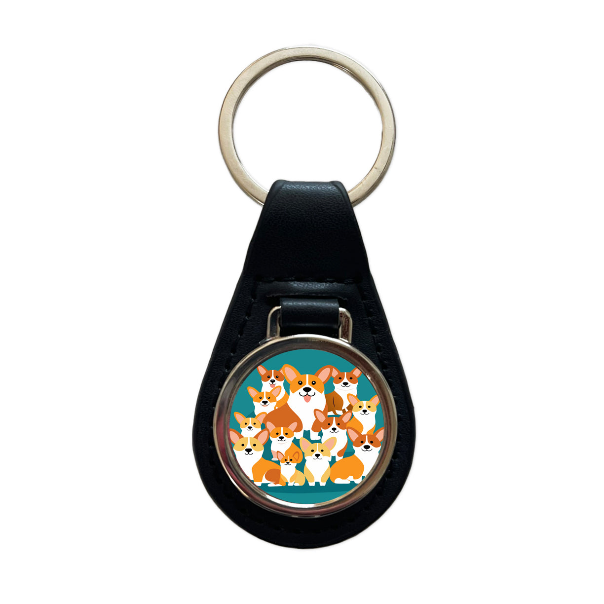 Corgis Dogs Oodles Black Leather Metal Keychain