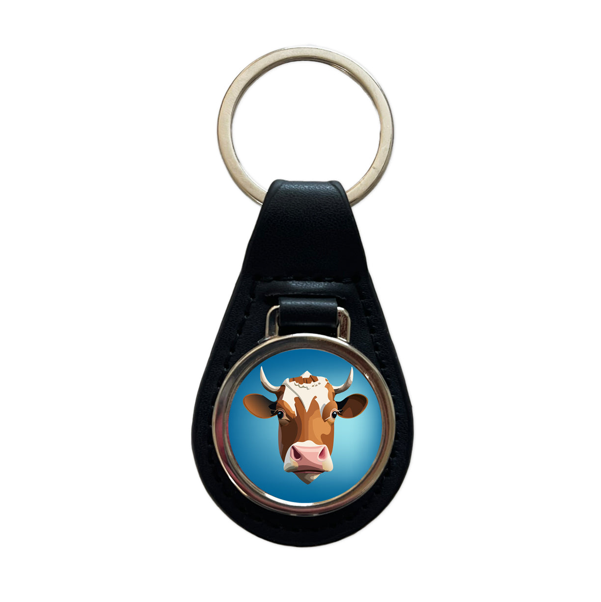 Cow Face Funny Black Leather Metal Keychain