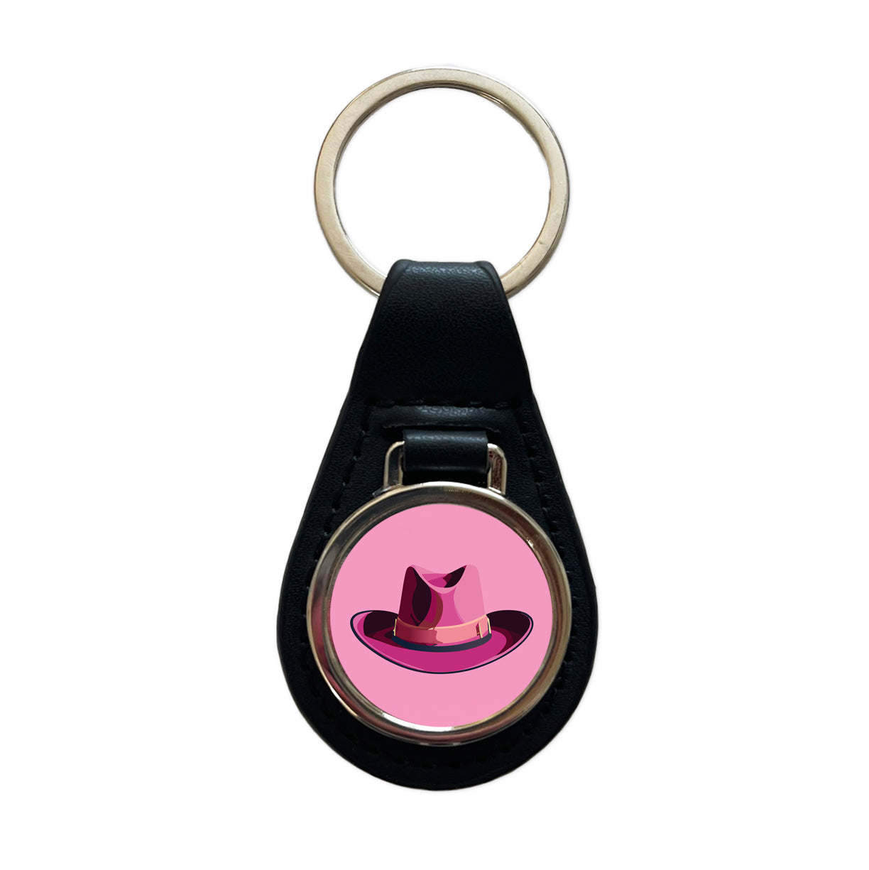 Cowgirl Hat Pink Western Country Black Leather Metal Keychain