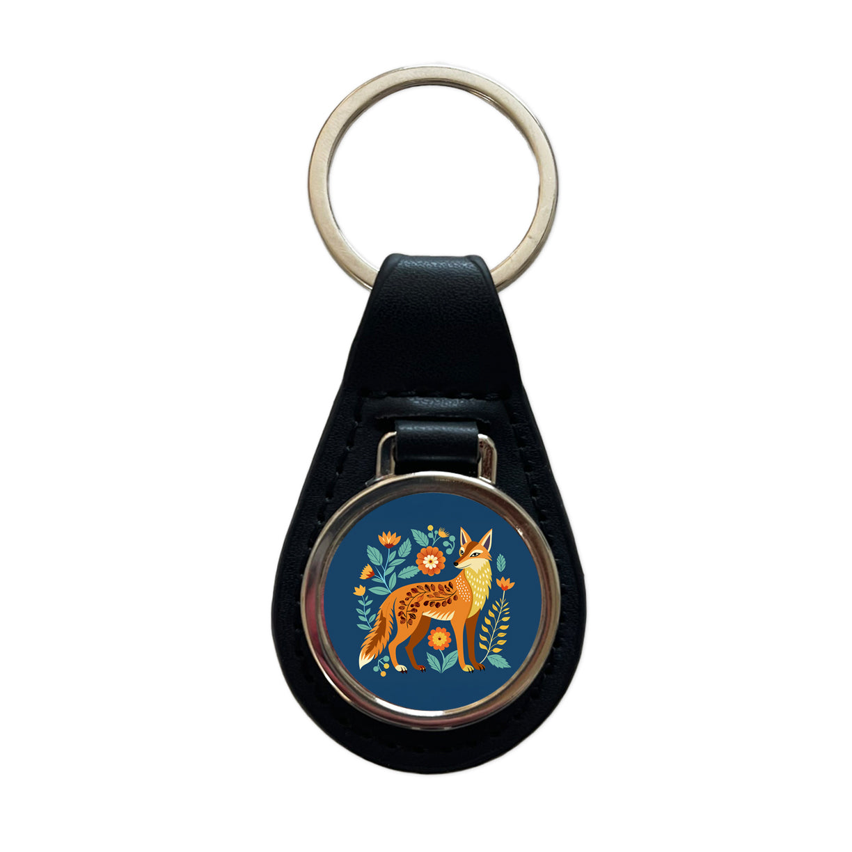 Coyote Pretty Floral Flowers Black Leather Metal Keychain