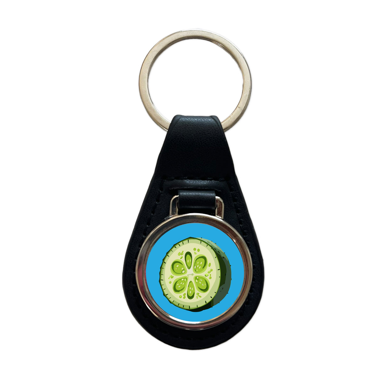 Cucumber Slice Vegetable Black Leather Metal Keychain