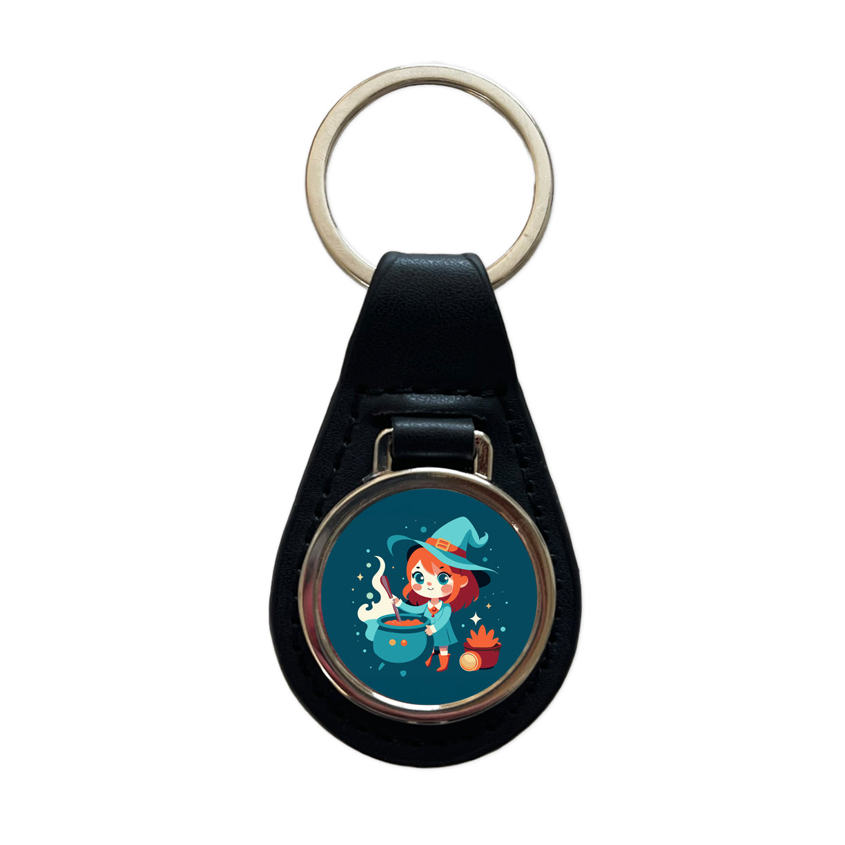 Cute Witch Stirring Cauldron Halloween Black Leather Metal Keychain