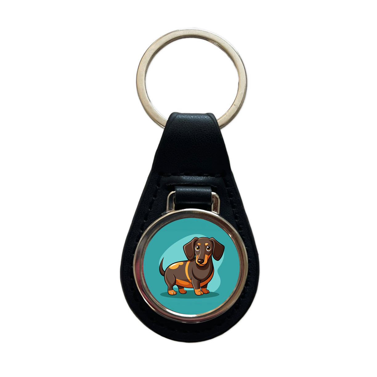 Dachshund Dog Profile Black Leather Metal Keychain