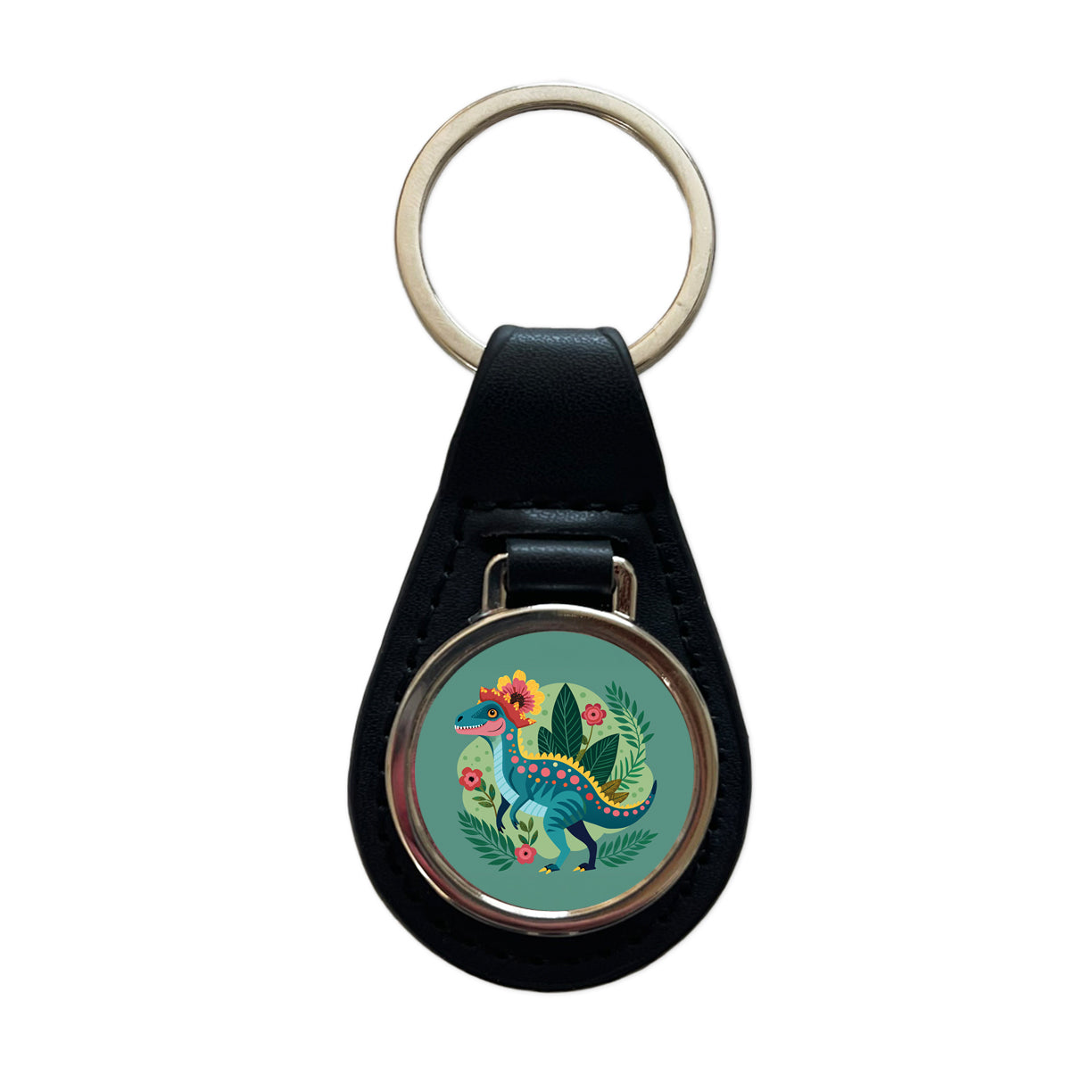 Dinosaur Floral Flowers Funny Black Leather Metal Keychain