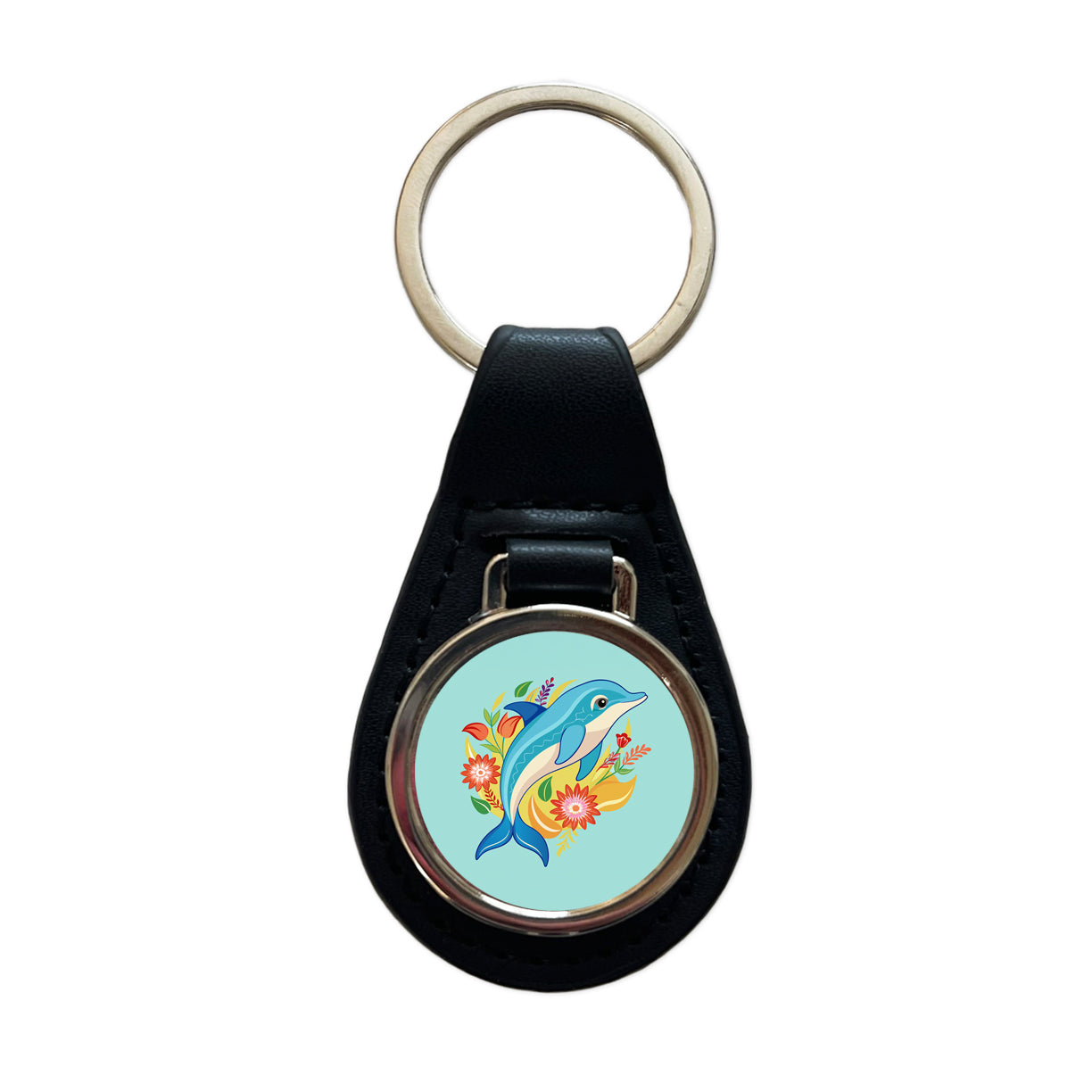 Dolphin Floral Flowers Black Leather Metal Keychain