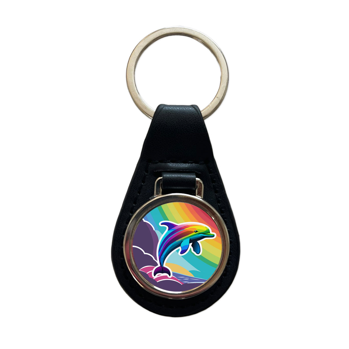 Dolphin Rainbow Cute Black Leather Metal Keychain