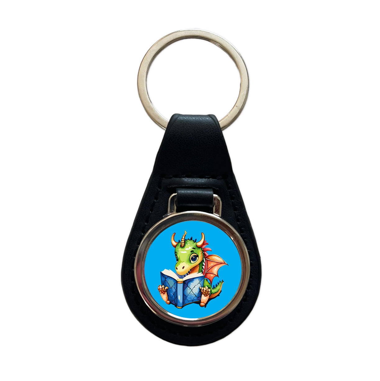 Dragon Reading Book Reader Black Leather Metal Keychain