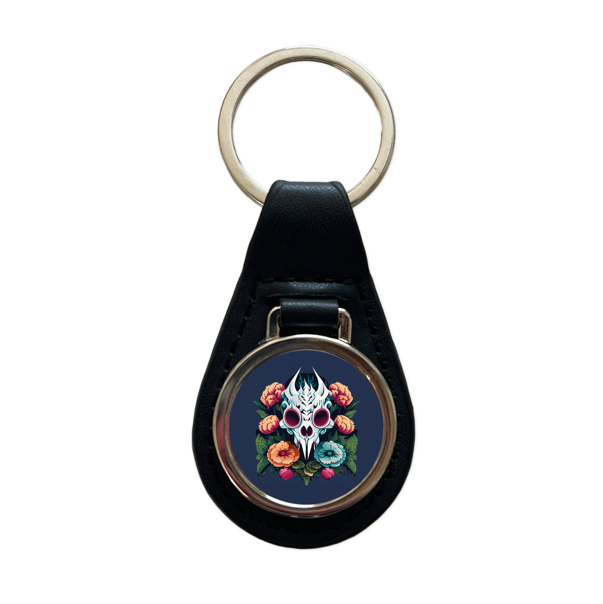 Dragon Skull and Flowers Black Leather Metal Keychain