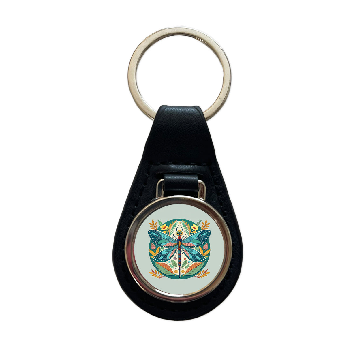 Dragonfly Floral Flowers Black Leather Metal Keychain