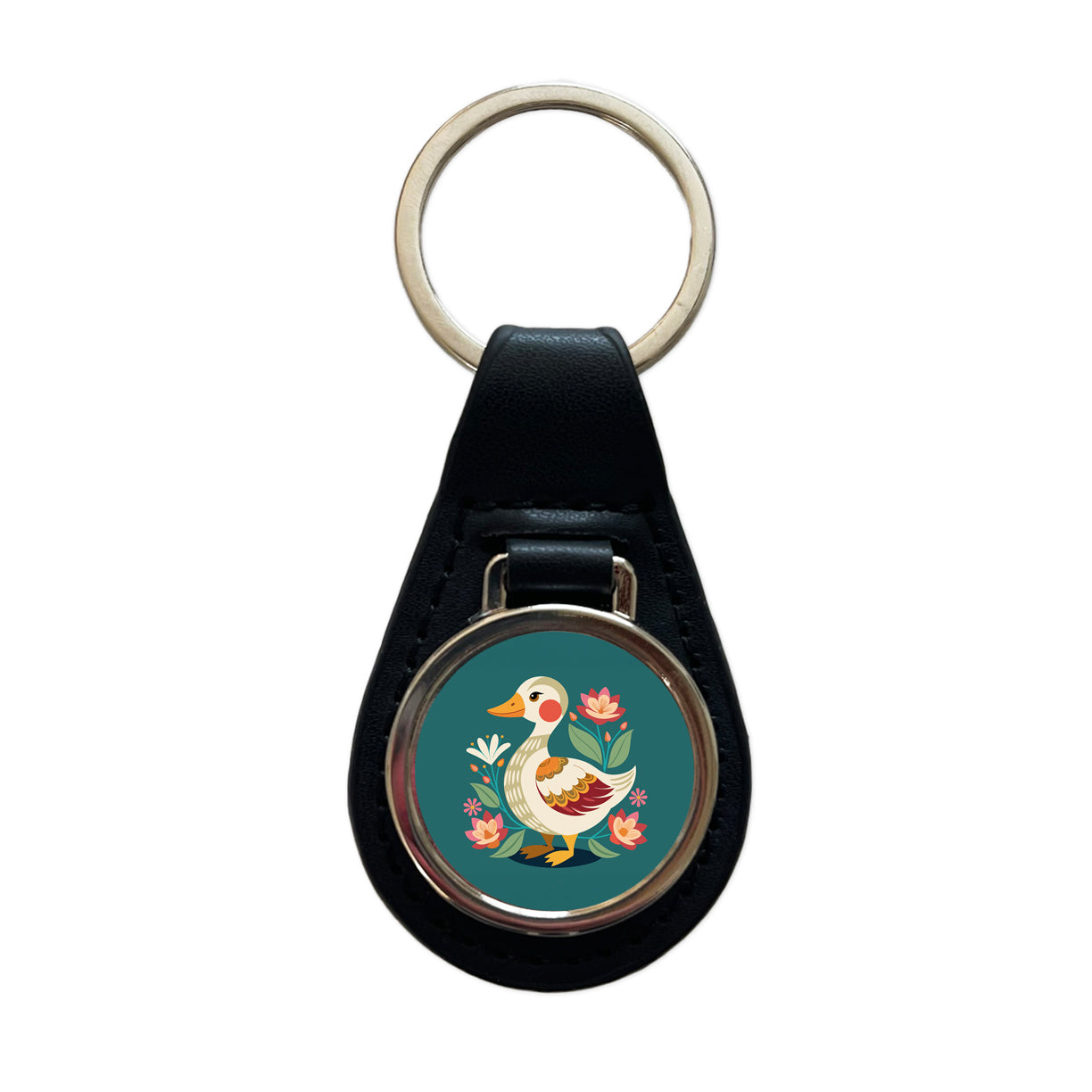 Duck Floral Flowers Black Leather Metal Keychain