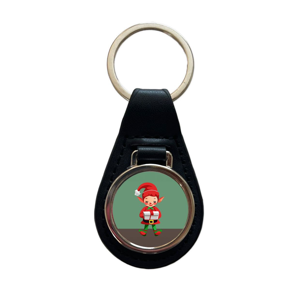 Elf Christmas Opening Present Black Leather Metal Keychain
