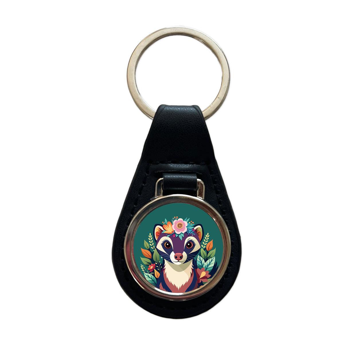 Ferret Head Floral Flowers Black Leather Metal Keychain