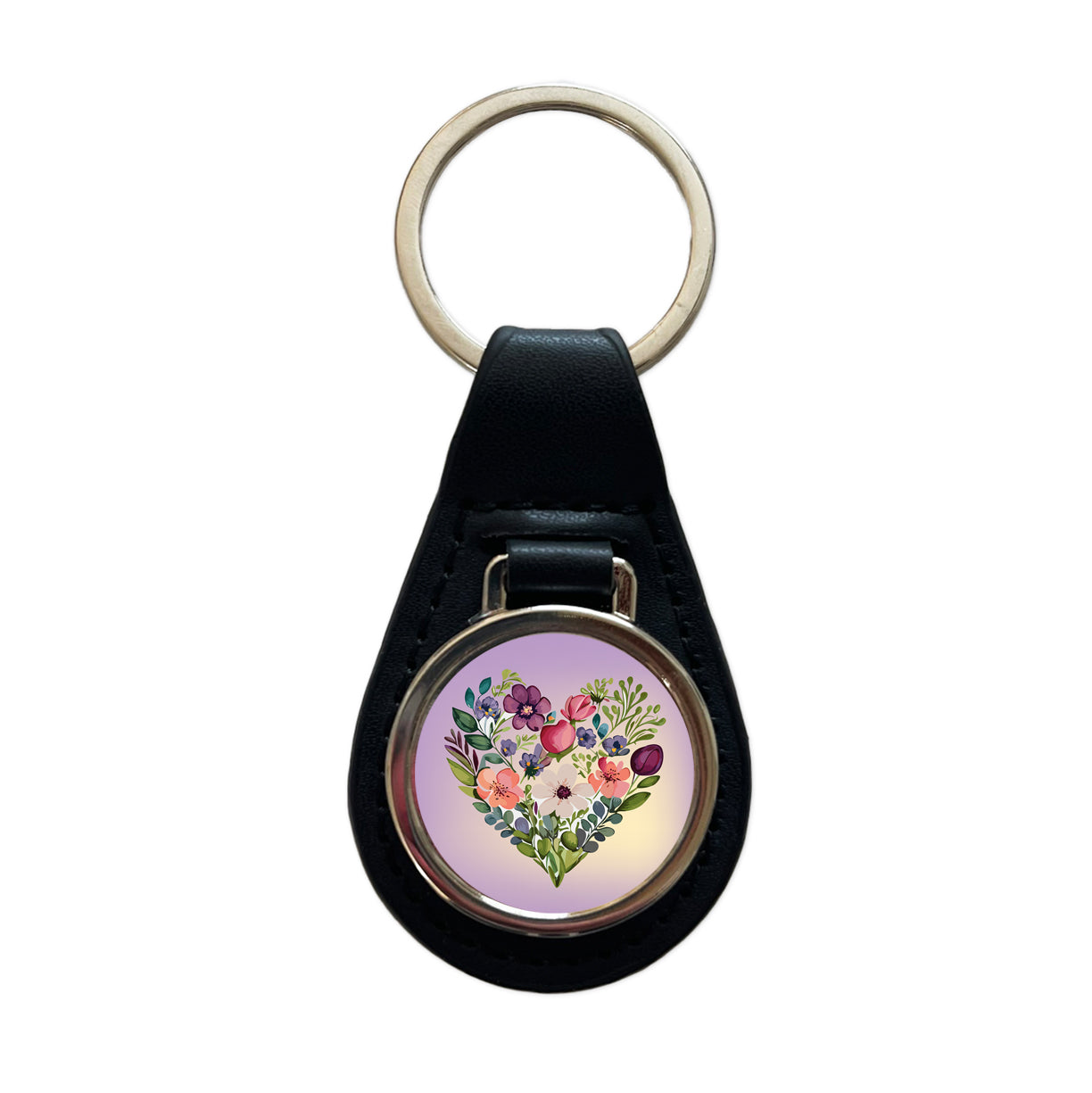 Flower Heart Floral Elegant Wedding Black Leather Metal Keychain