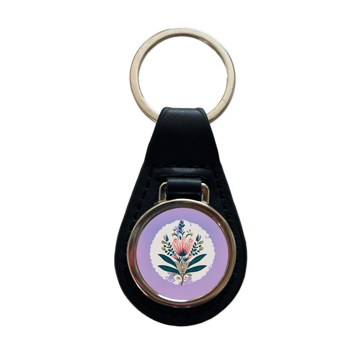 Flowers Floral Motif Bohemian Elegant Wedding Black Leather Metal Keychain