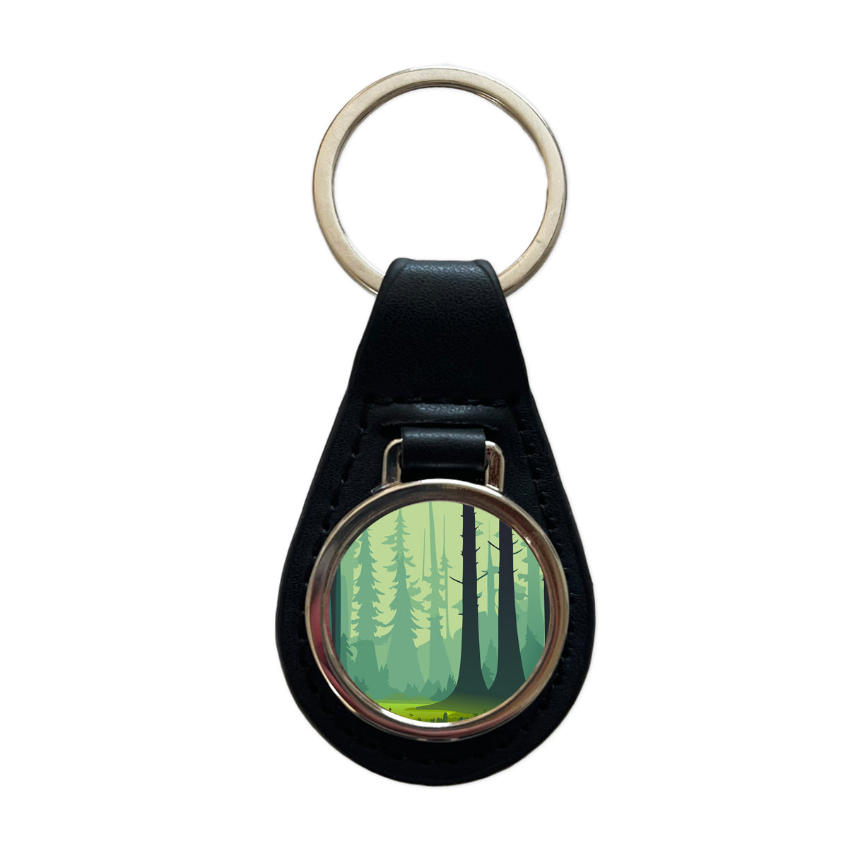 Forest Trees Wilderness Enchanted Black Leather Metal Keychain