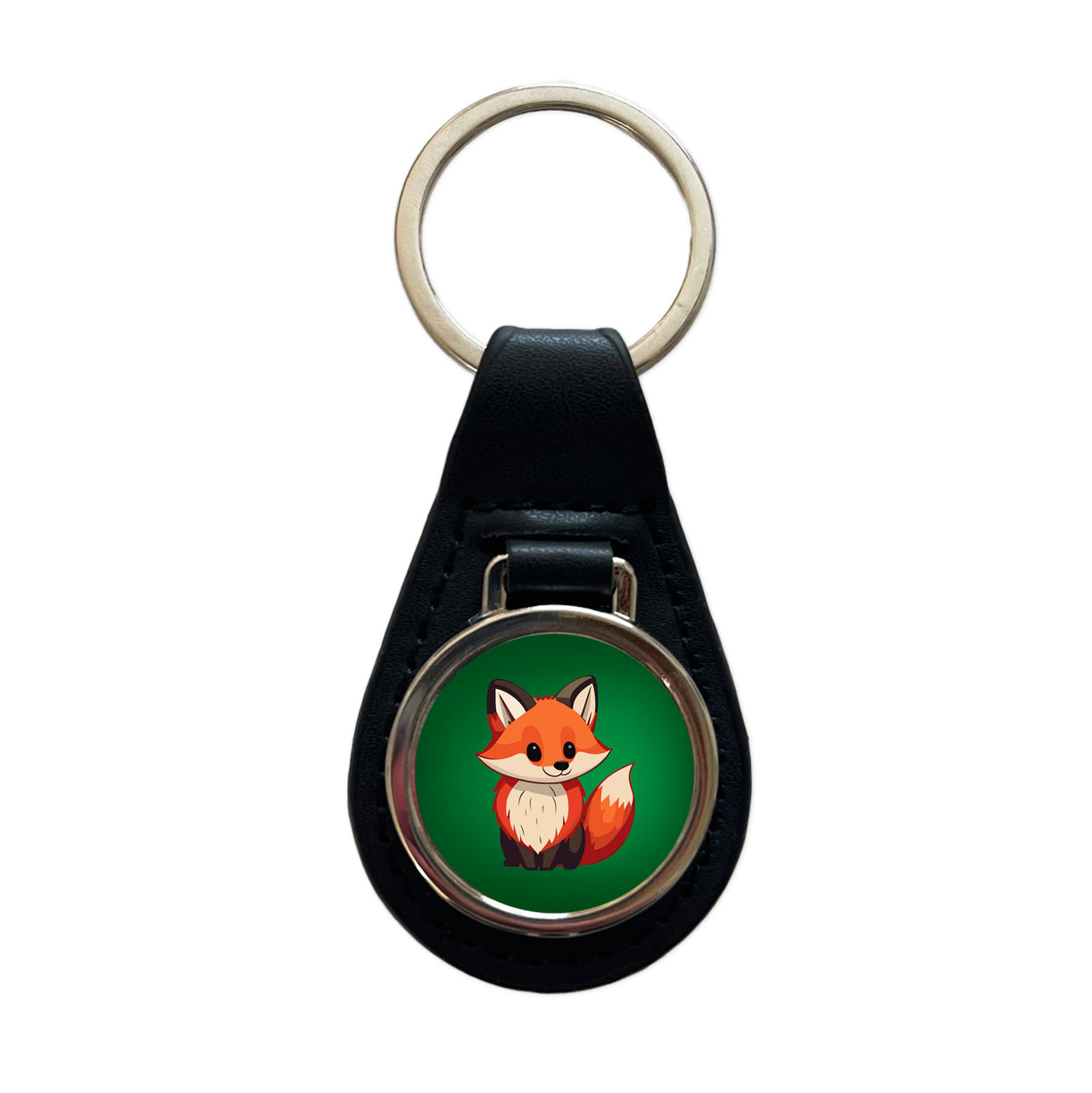 Fox Standing Black Leather Metal Keychain