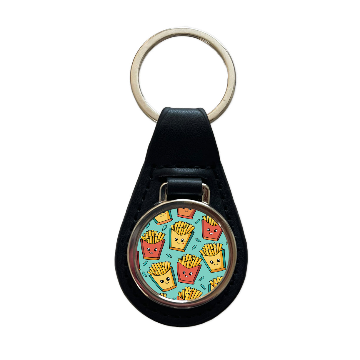 French Fries Cute Pattern Black Leather Metal Keychain