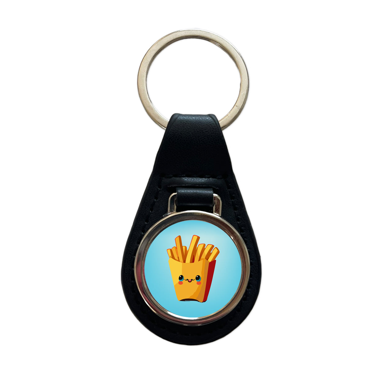 French Fries Smiling Black Leather Metal Keychain