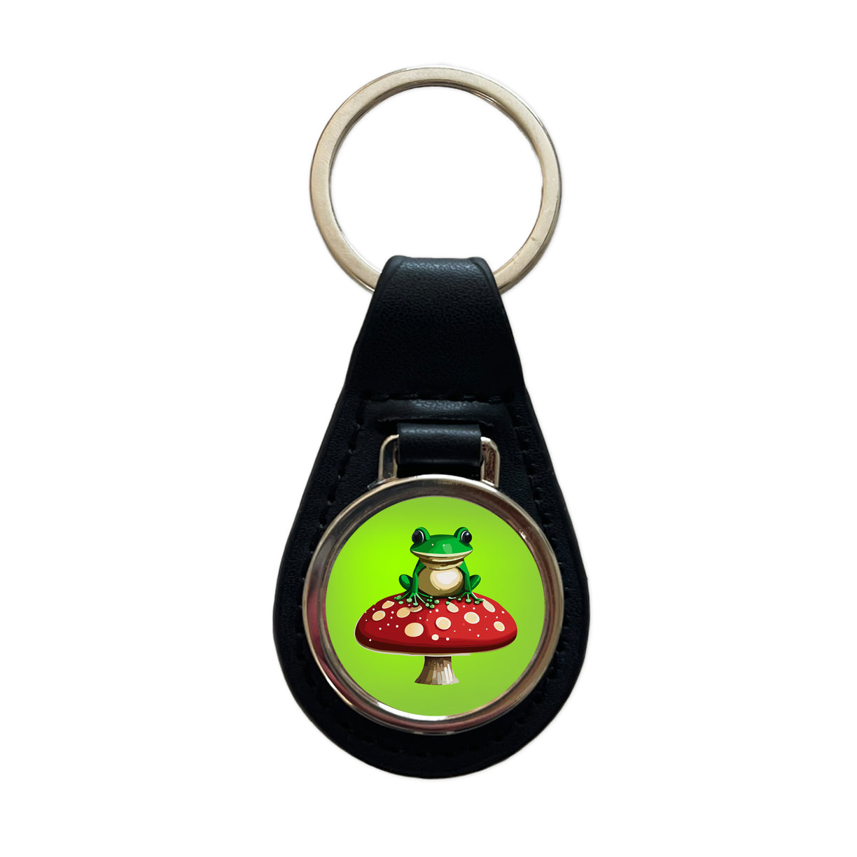 Frog on Red Toadstool Mushroom Black Leather Metal Keychain