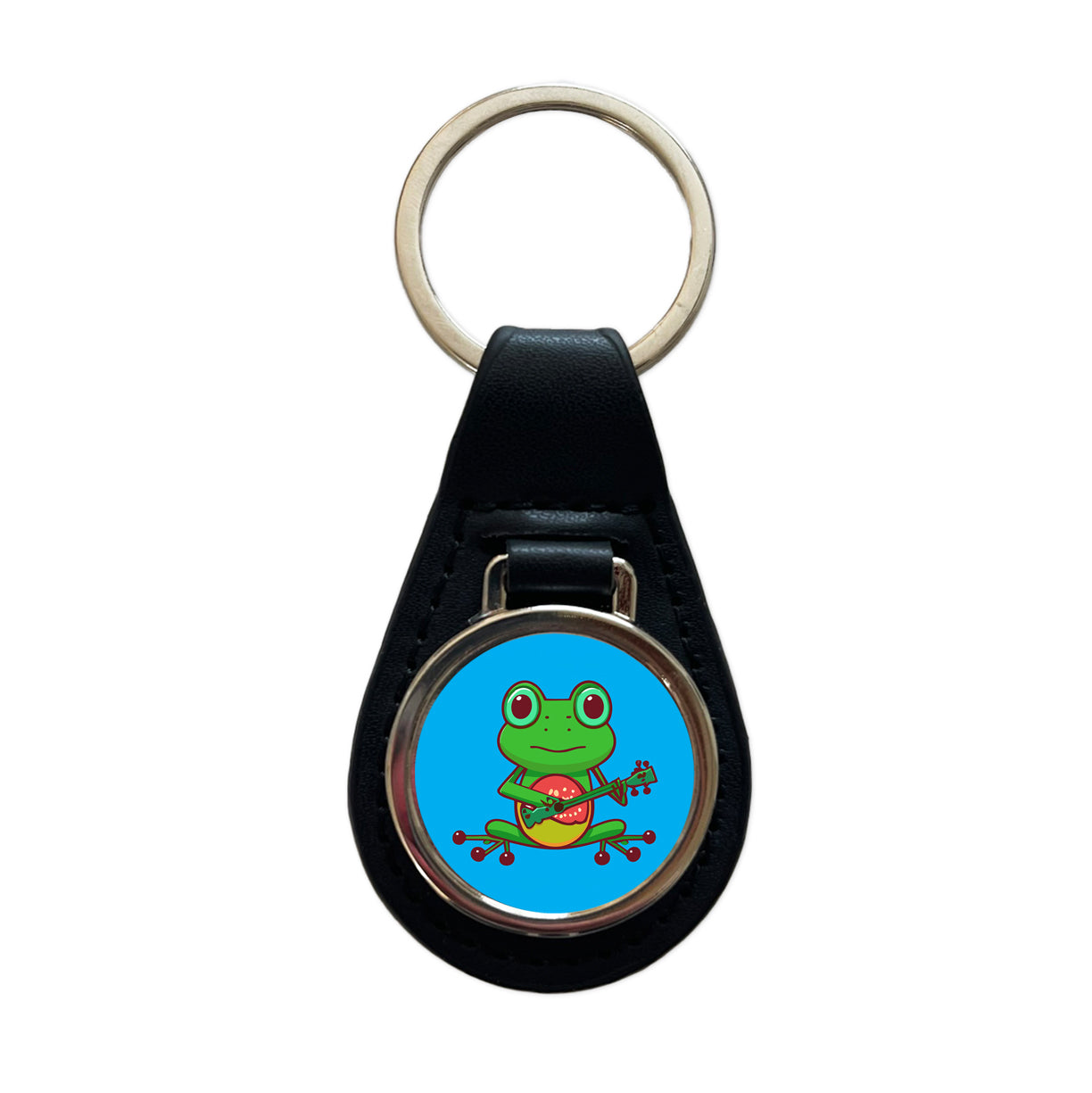 Frog Playing Banjo Guitar Music Funny Black Leather Metal Keychain