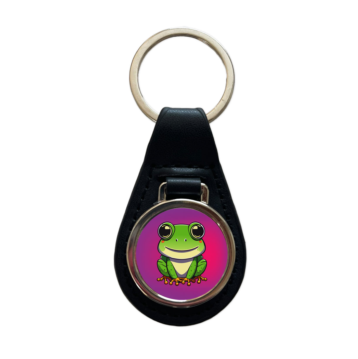 Frog Smiling Black Leather Metal Keychain