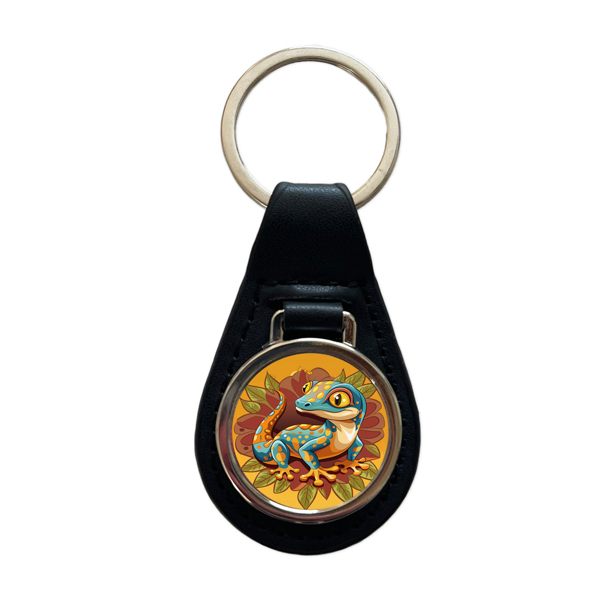 Gecko Lizard Cute Black Leather Metal Keychain