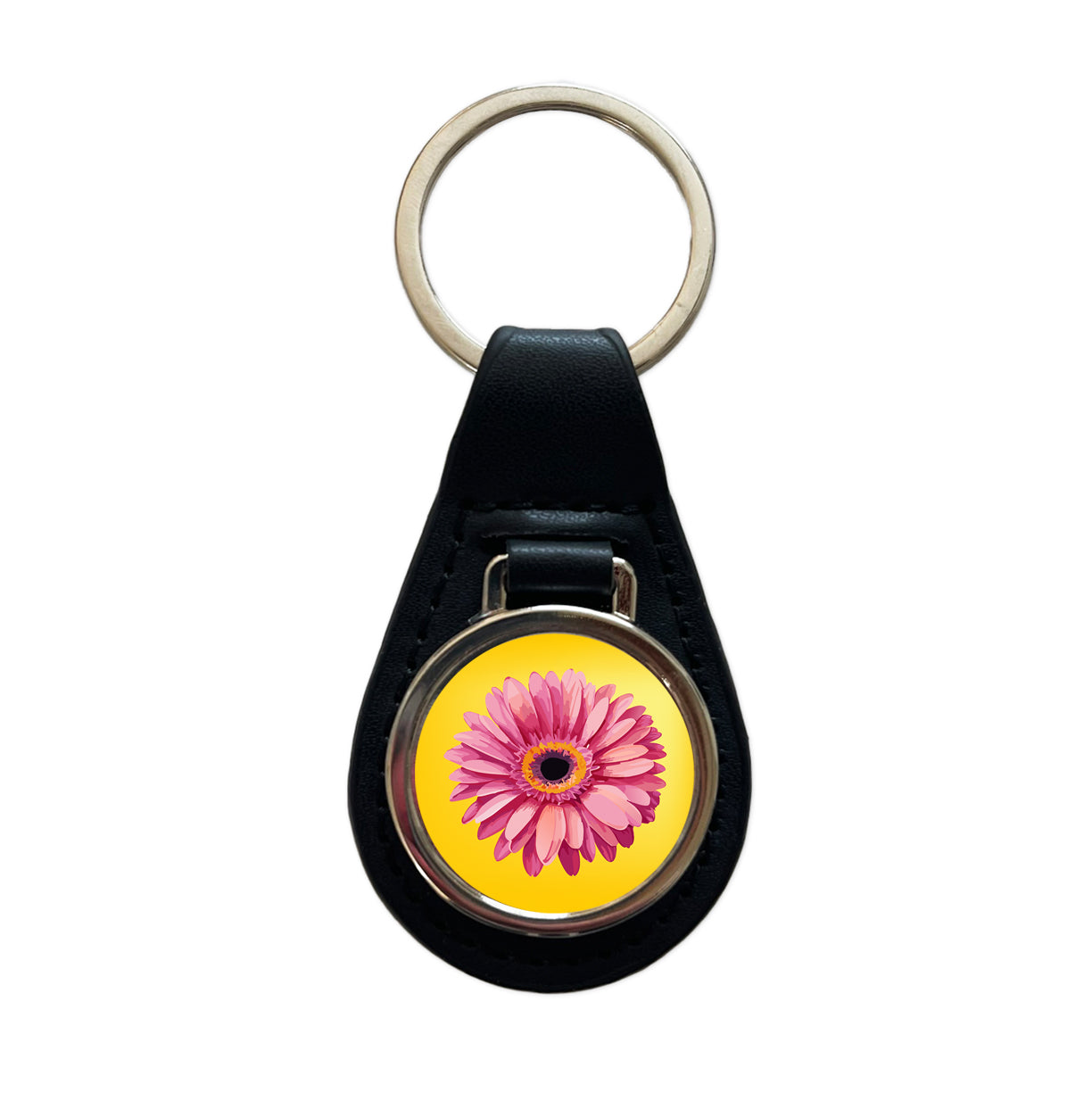 Gerbera Daisy Flower Pink Black Leather Metal Keychain