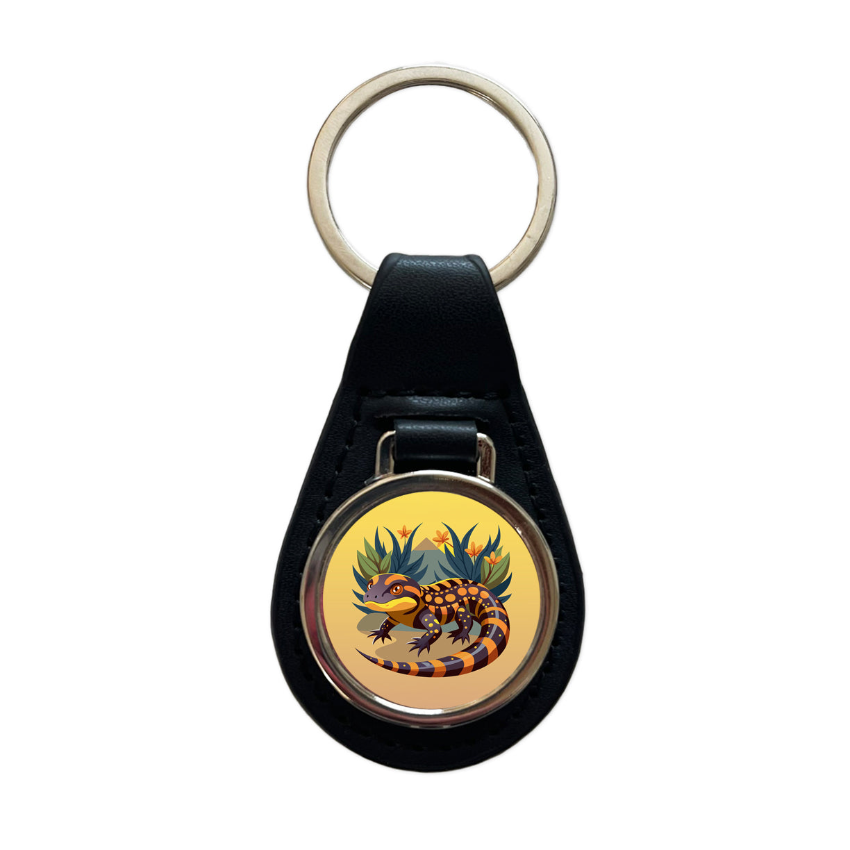 Gila Monster Black Leather Metal Keychain