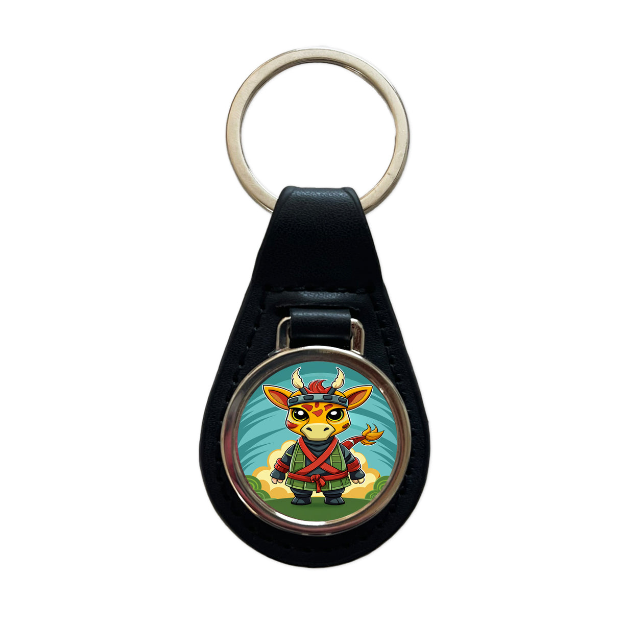 Giraffe Ninja Fighter Funny Black Leather Metal Keychain