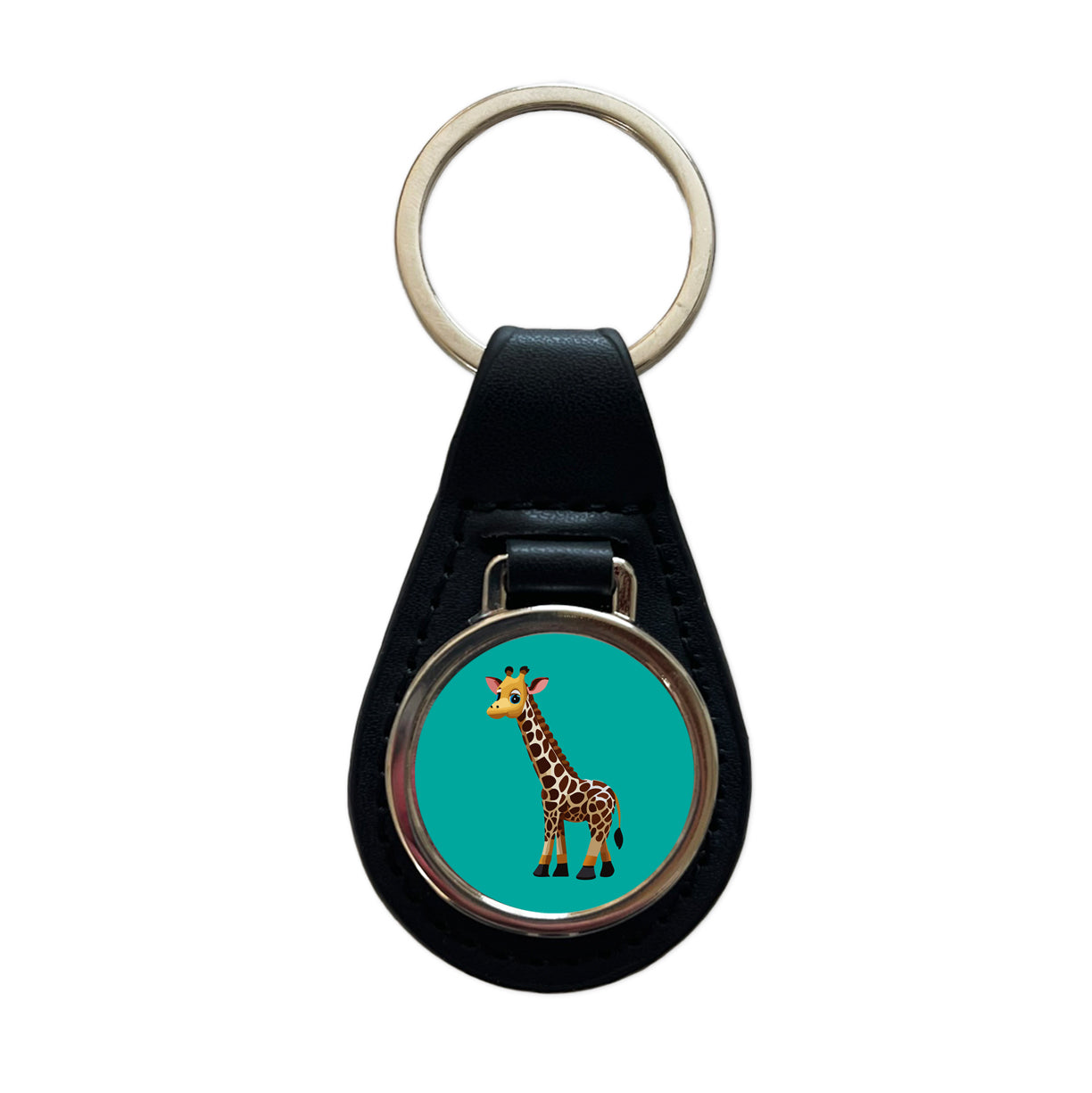 Giraffe Standing Cute Baby Black Leather Metal Keychain