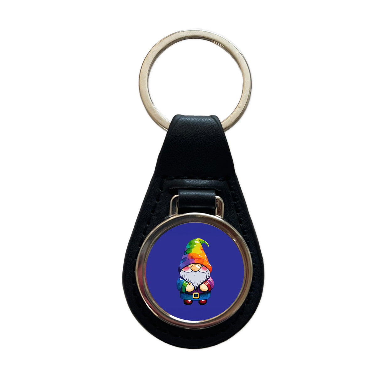 Gnome Standing Rainbow Black Leather Metal Keychain