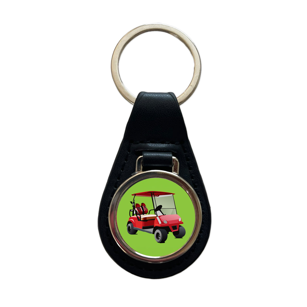Golf Cart Red Golfing Sport Black Leather Metal Keychain