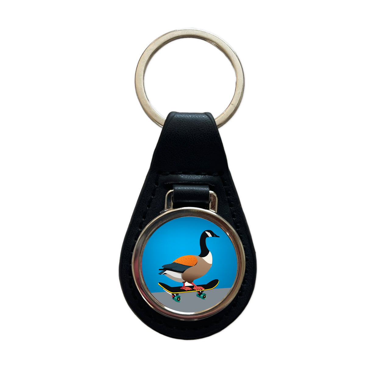 Goose Riding Skateboard Skateboarding Funny Black Leather Metal Keychain