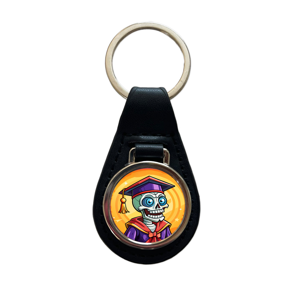 Graduate Skeleton Funny Graduation Black Leather Metal Keychain