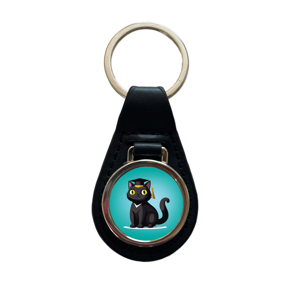 Graduation Cat Cute Graduate Black Leather Metal Keychain