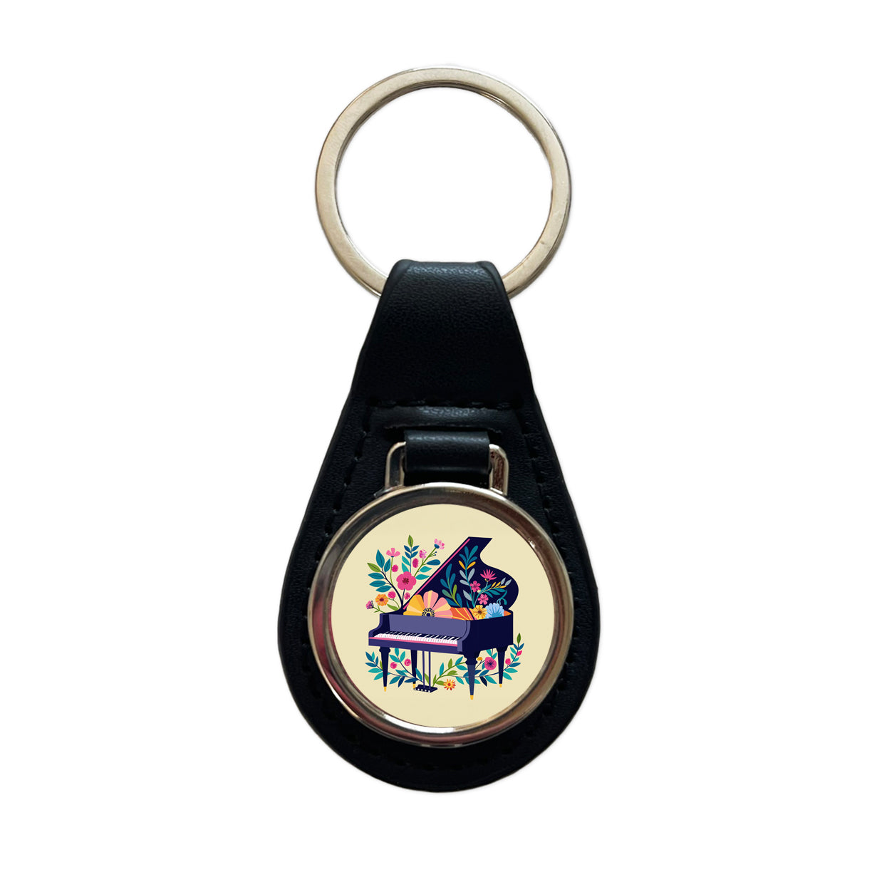 Grand Piano Music Floral Motif Black Leather Metal Keychain