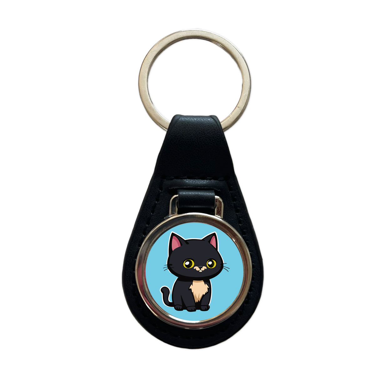 Gray Cat Cute Black Leather Metal Keychain