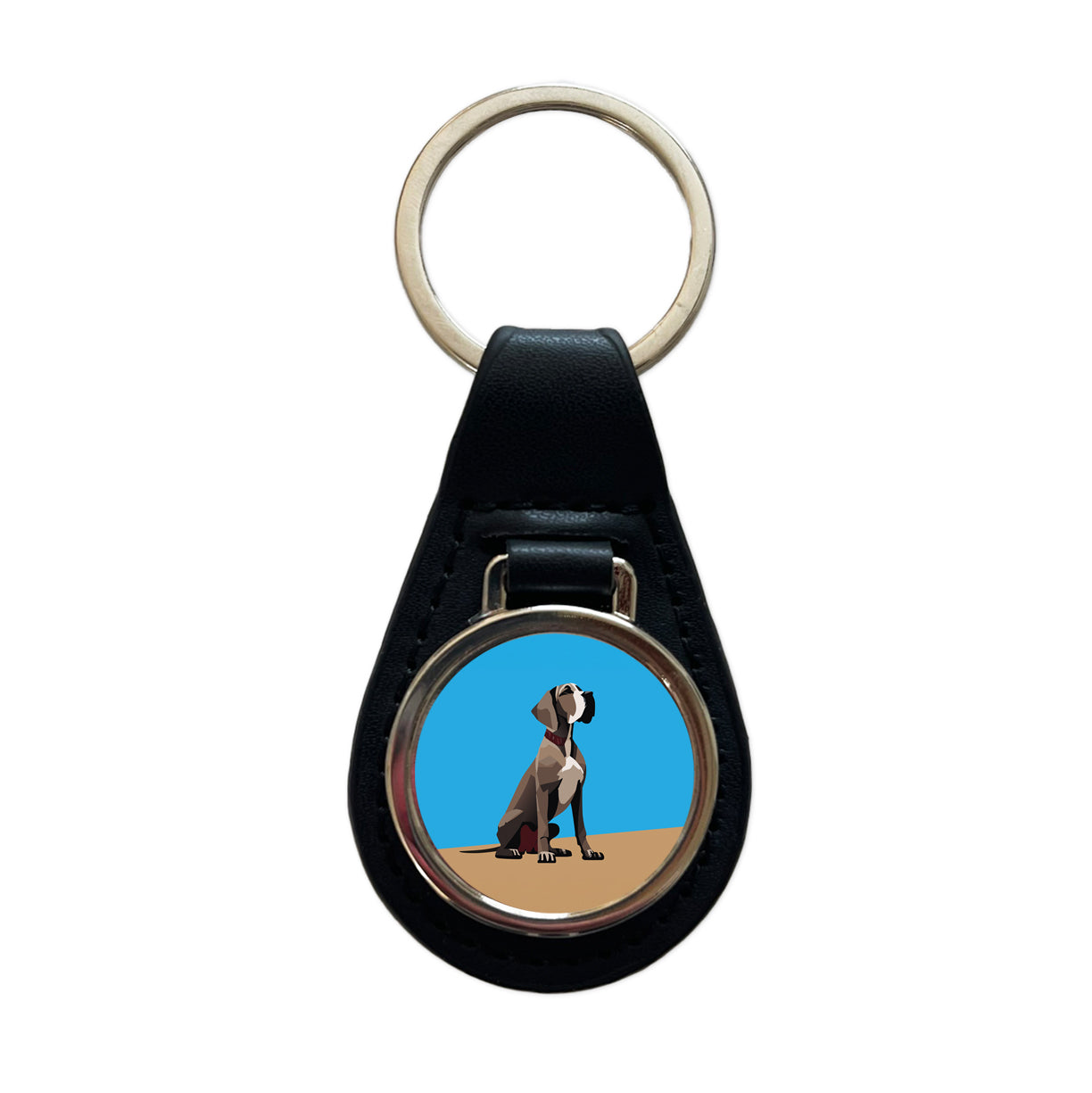 Great Dane Dog Sitting Black Leather Metal Keychain