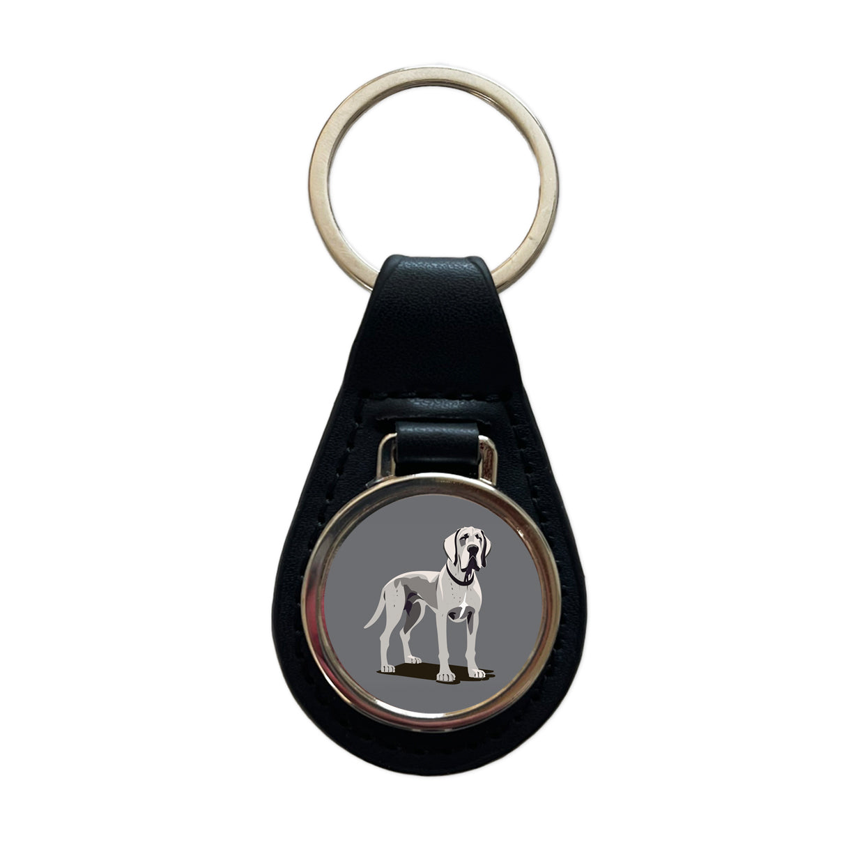 Great Dane Dog Standing Black Leather Metal Keychain