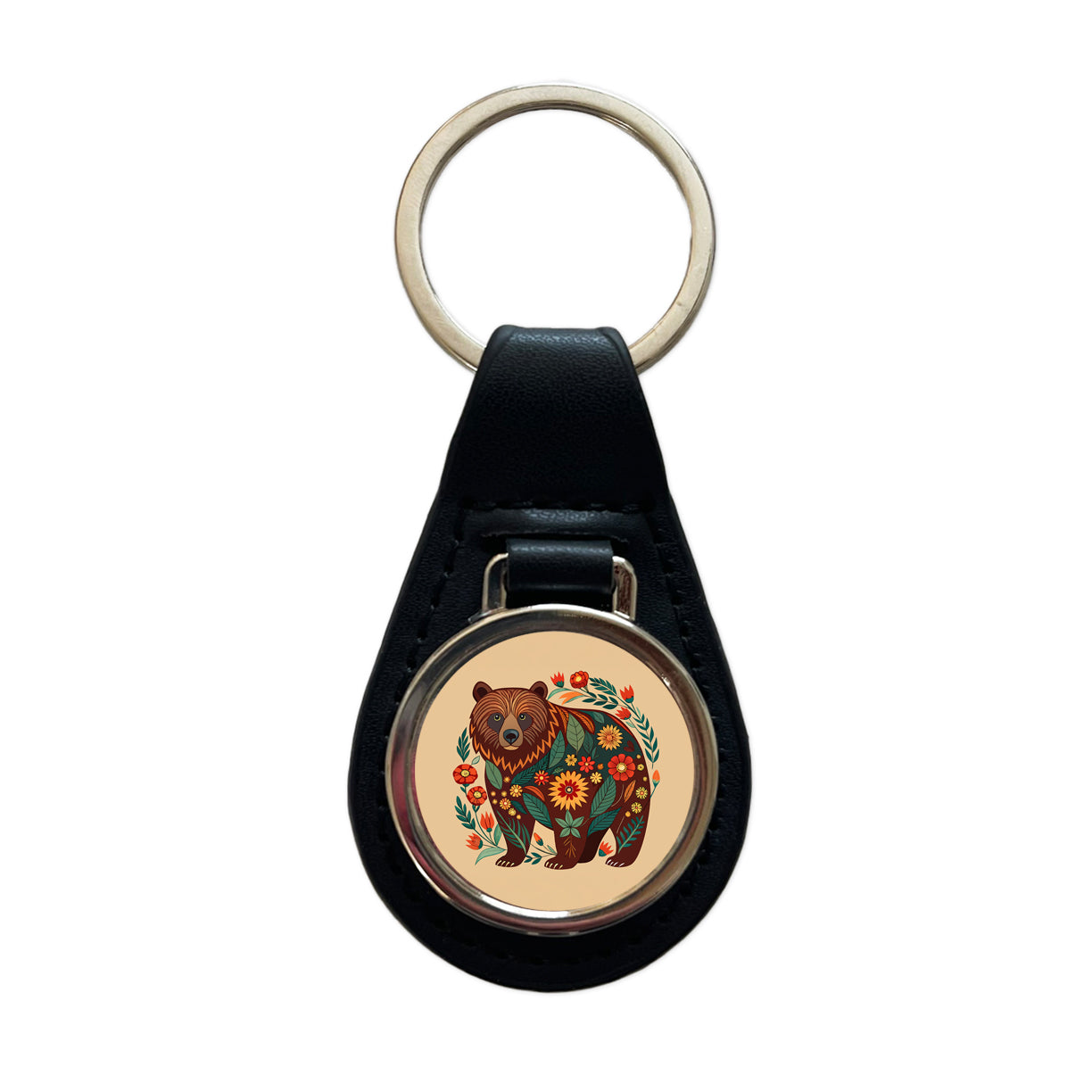 Grizzly Bear Floral Motif Black Leather Metal Keychain