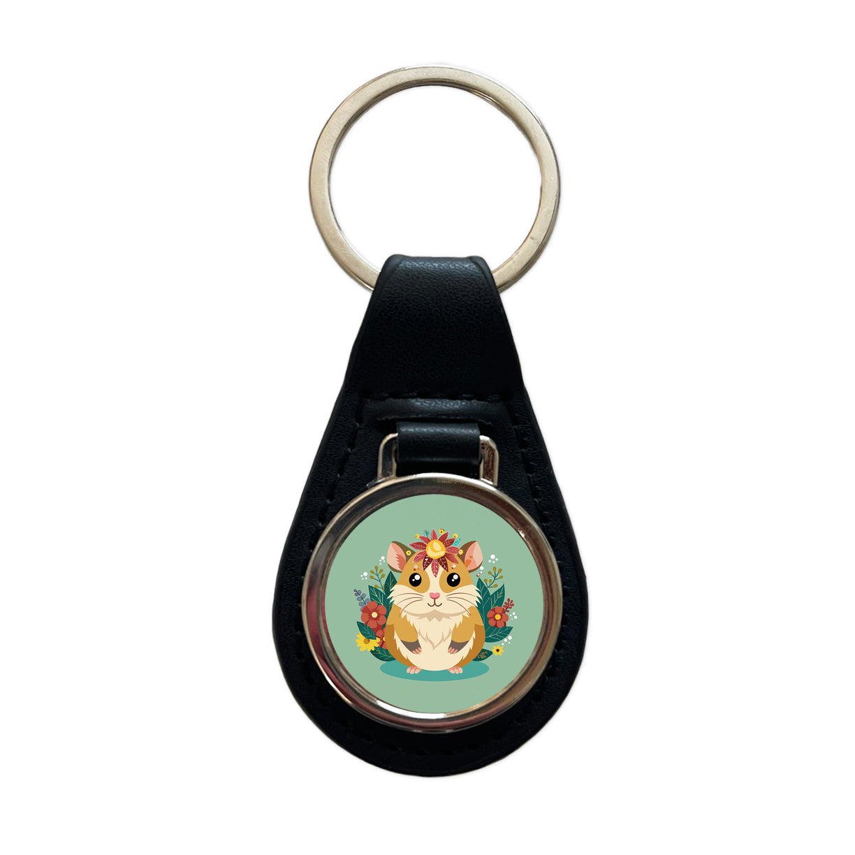Hamster Floral Flowers Black Leather Metal Keychain