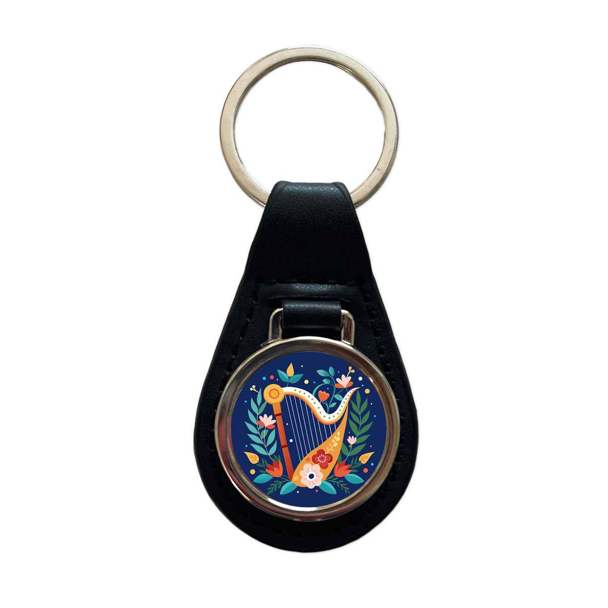 Harp Music Floral Motif Black Leather Metal Keychain