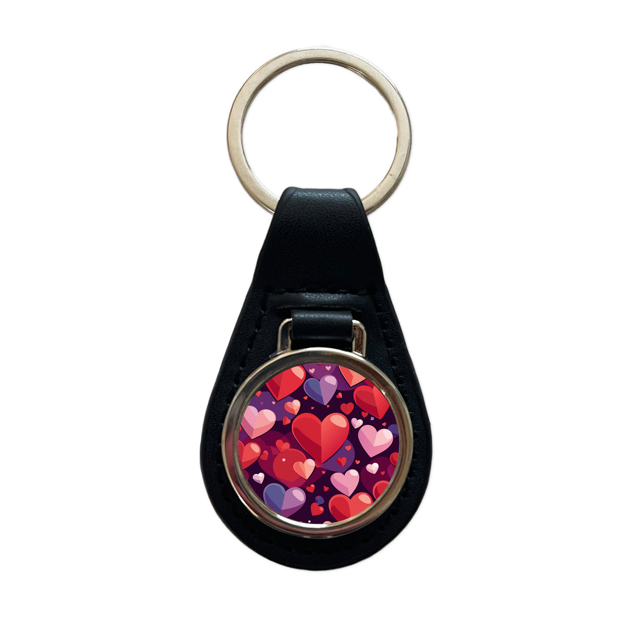 Hearts Scattered Love Valentines Anniversary Wedding Black Leather Metal Keychain