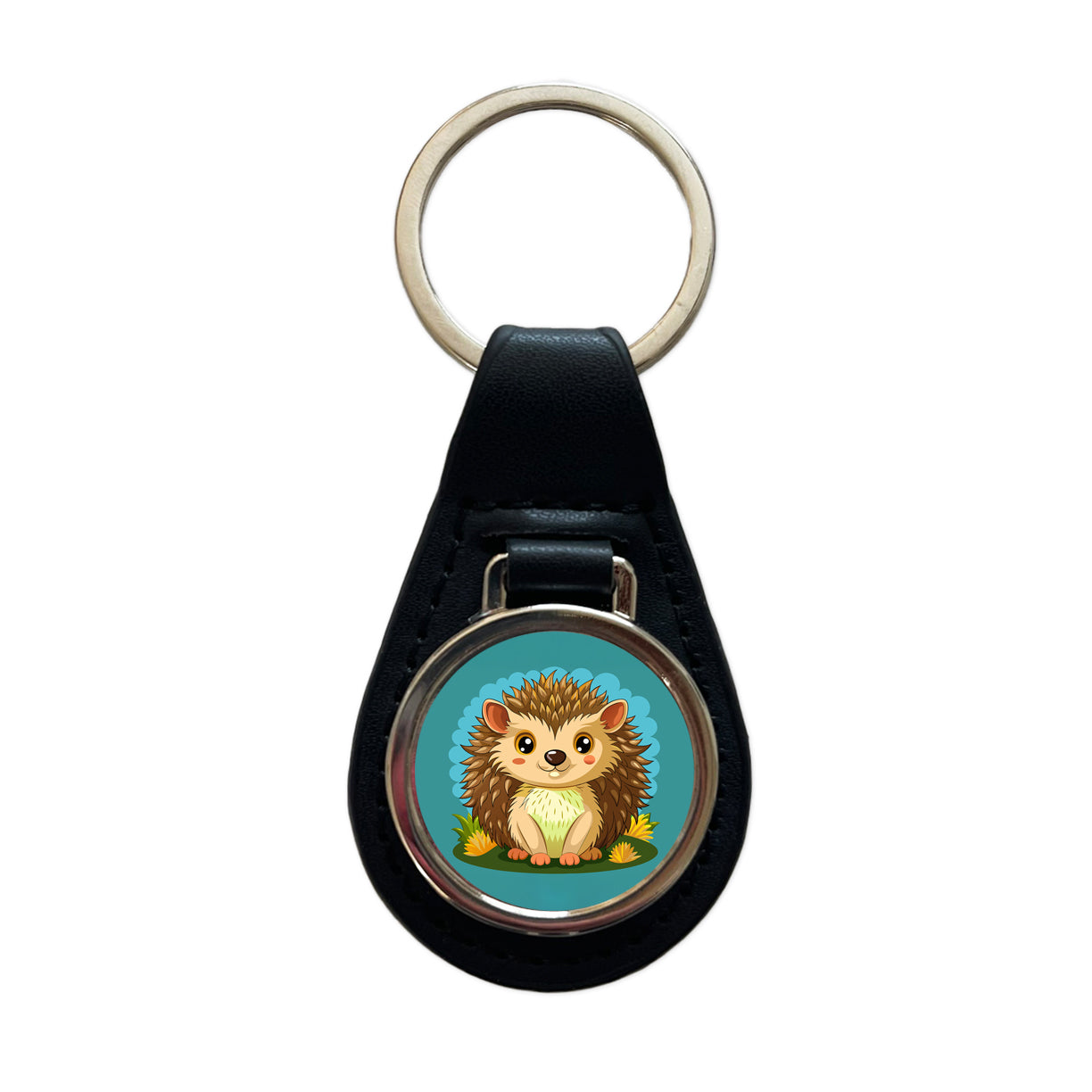 Hedgehog Smiling Cute Black Leather Metal Keychain