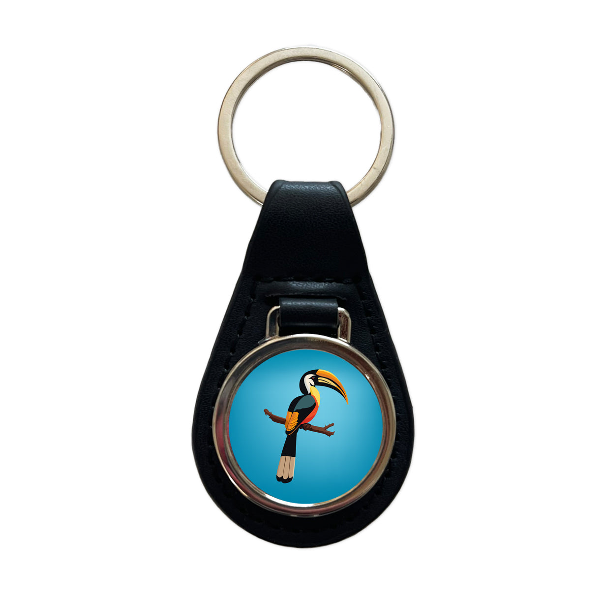 Hornbill Bird on Branch Black Leather Metal Keychain