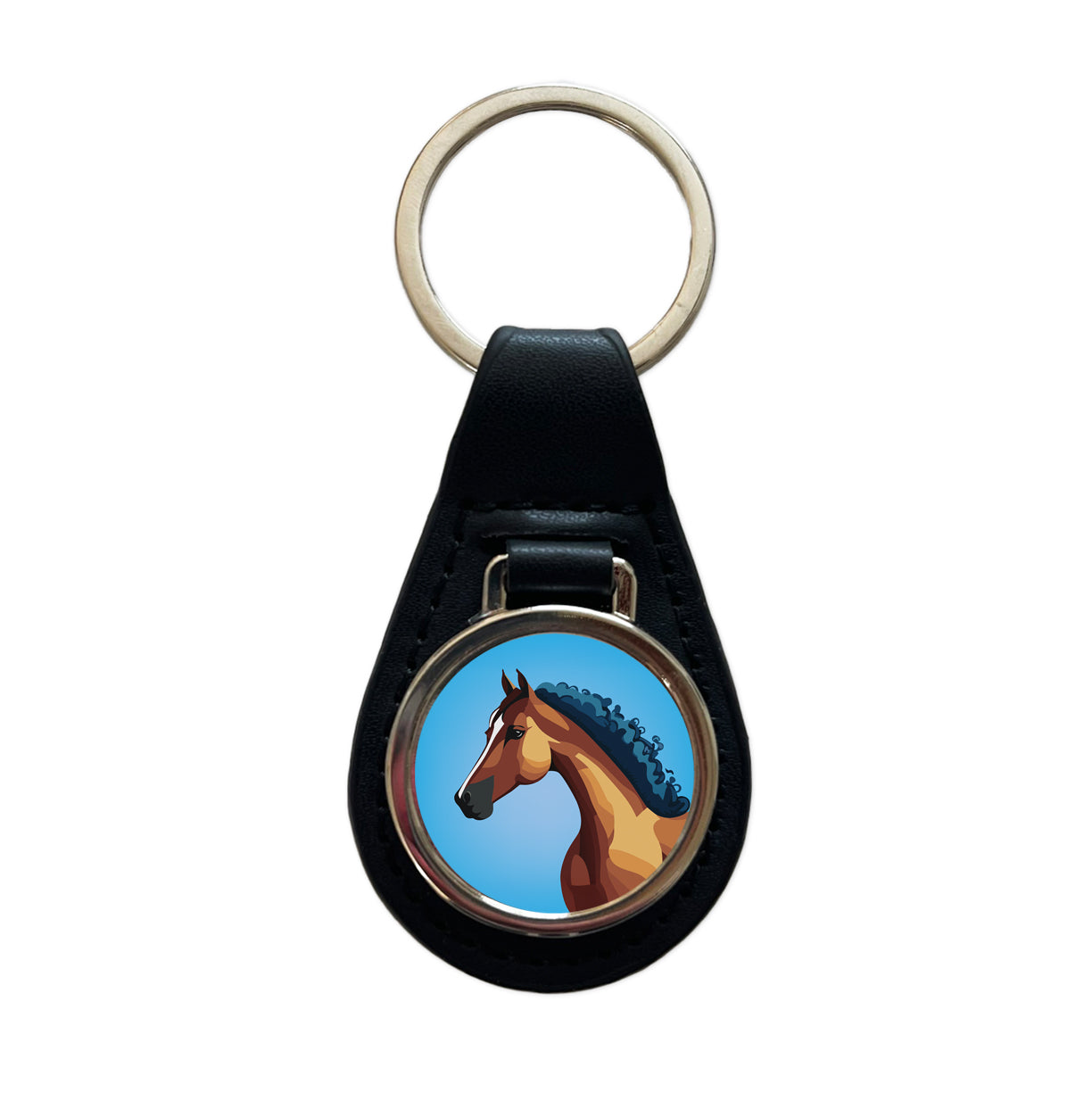Horse Head Portrait Black Leather Metal Keychain