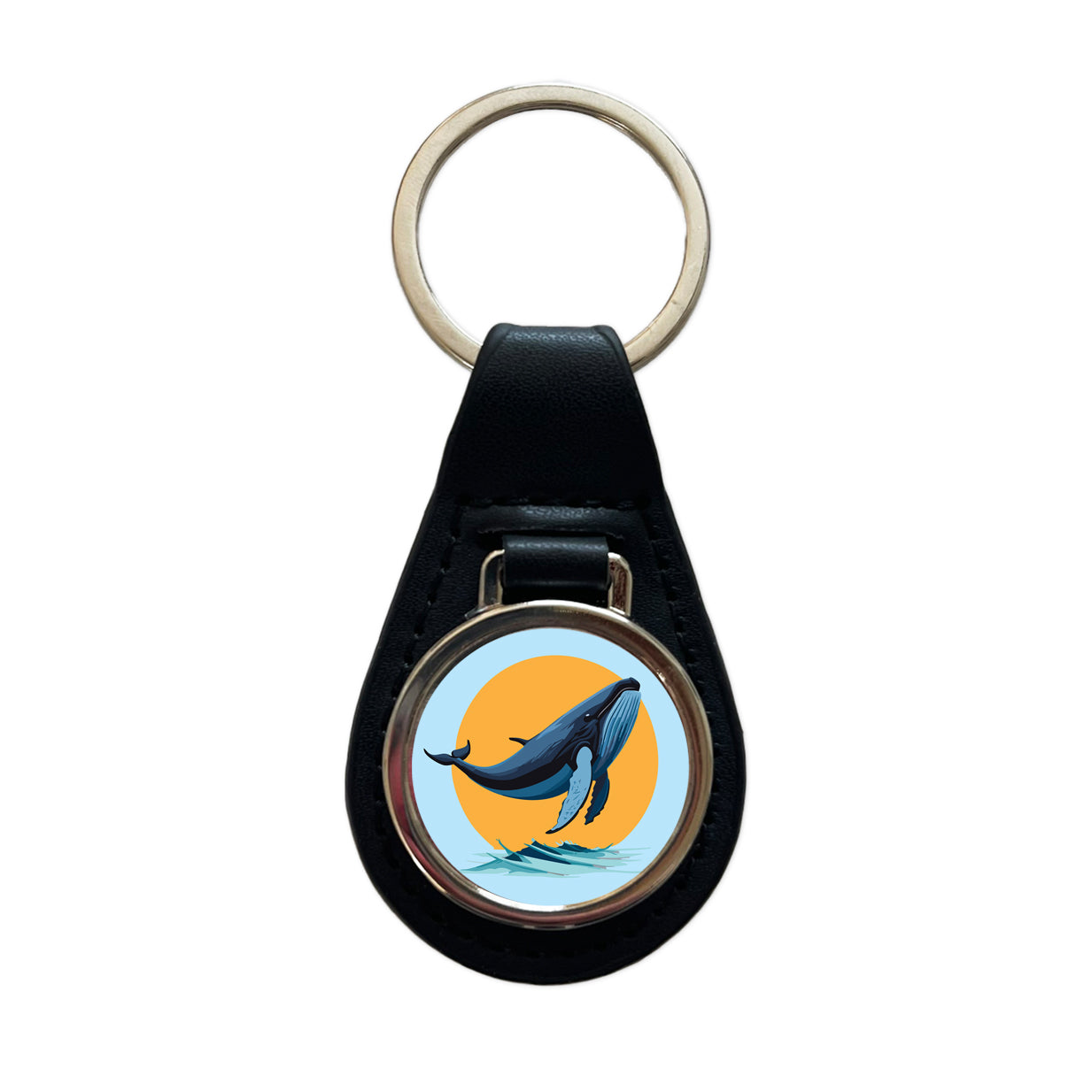 Humpback Whale Jumping Out of Water Black Leather Metal Keychain